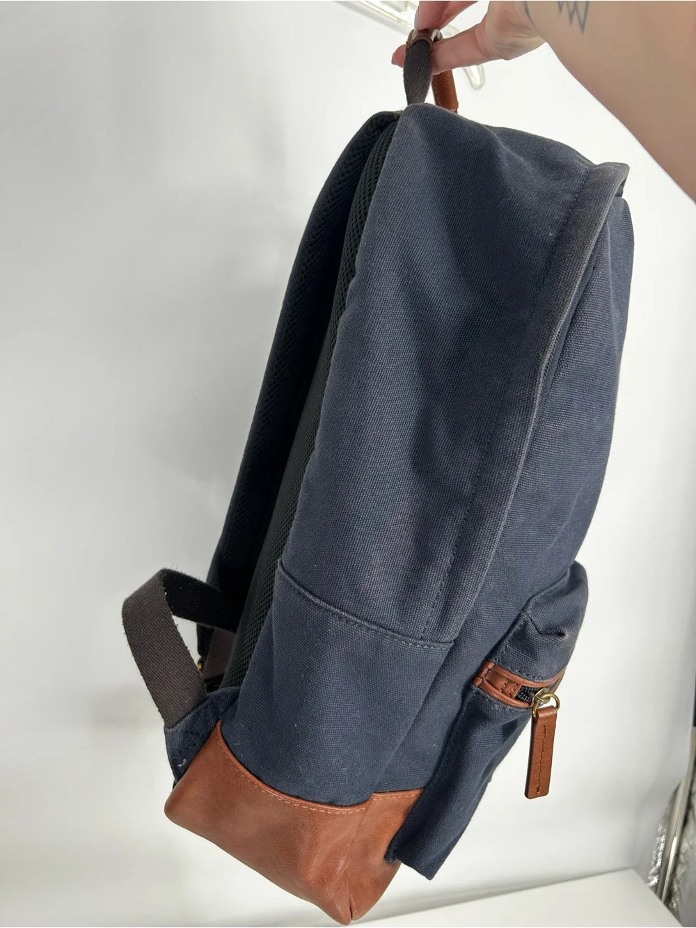 Fossil Backpack Canvas Leather 2 Tone Navy/Brown Pockets School Bag Casual